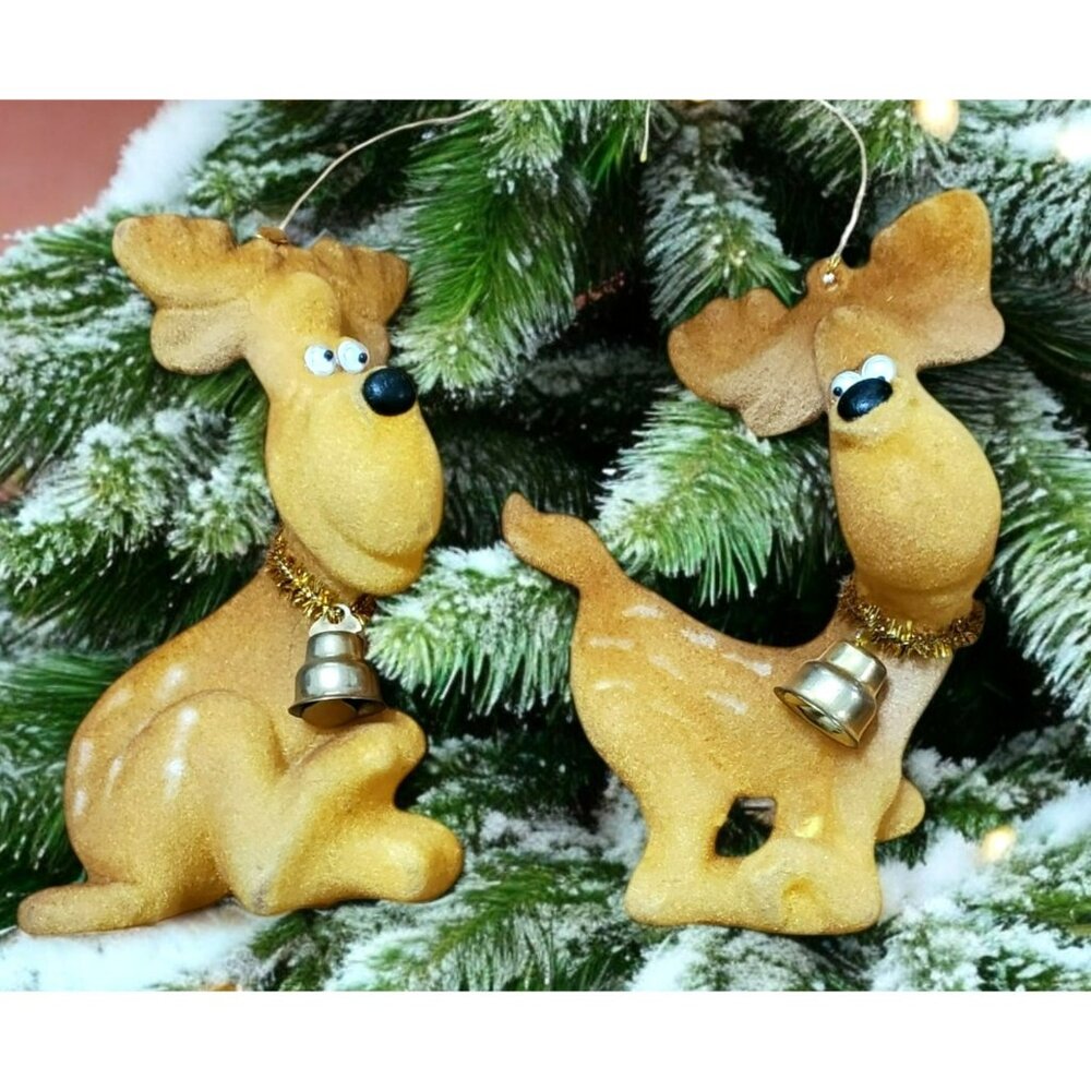 2 Vintage Flocked Moose Christmas Ornaments Reindeer Google Eyes Gold Bell 4.5"